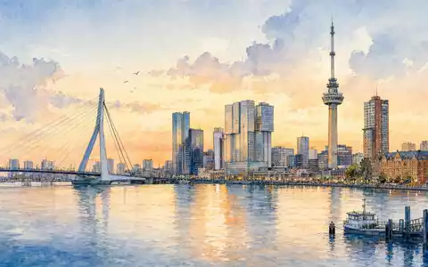 Aquarellgemälde der Rotterdamer Skyline mit Sendemast repräsentiert Heimatmarkt von Koninklijke KPN N.V. NL0000009082 - Foto: THN