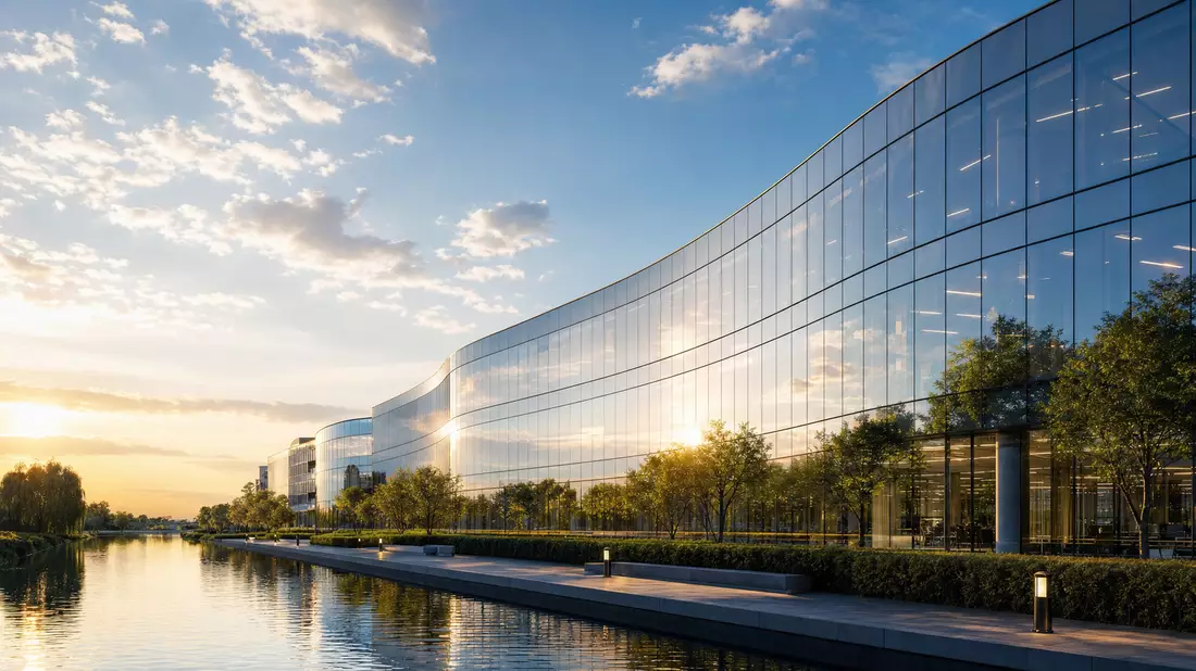 Architektur-Render eines gläsernen Bürogebäudes am Kanal bei Sonnenuntergang