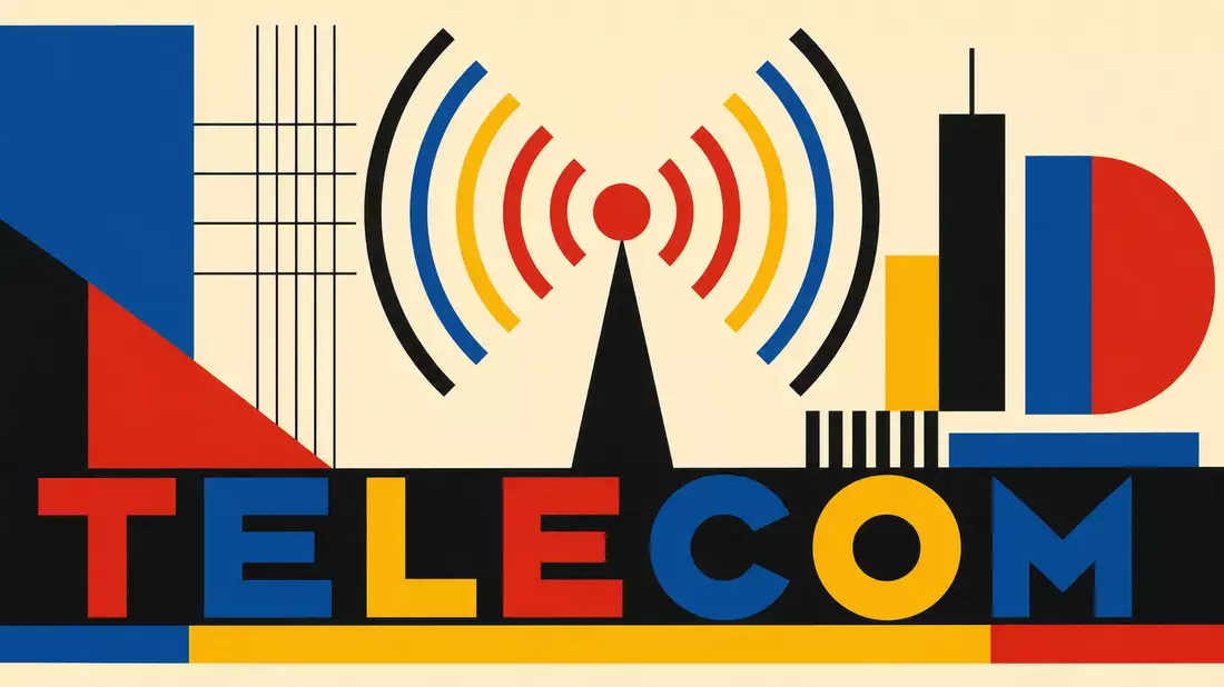 Bauhaus-Grafikposter mit TELECOM-Schrift und geometrischen Signalwellen
