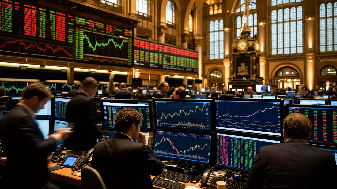 Editorial-Foto belebter Amsterdamer Börse mit Handelsterminals und Kursdiagrammen