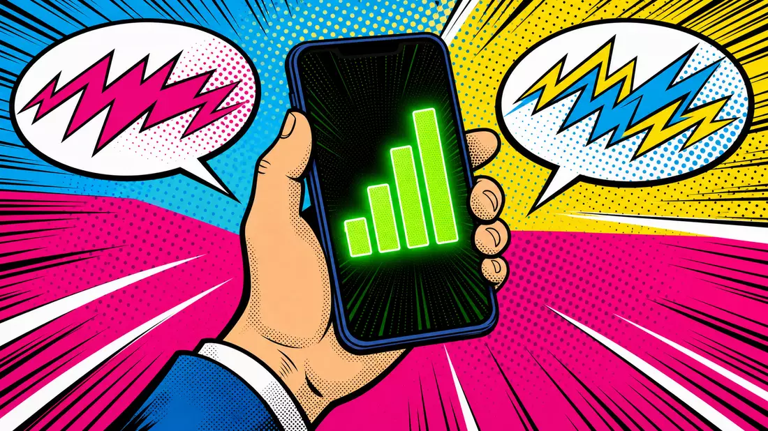 Pop-Art-Illustration eines Smartphones mit grünen Signalbalken und Sprechblasen