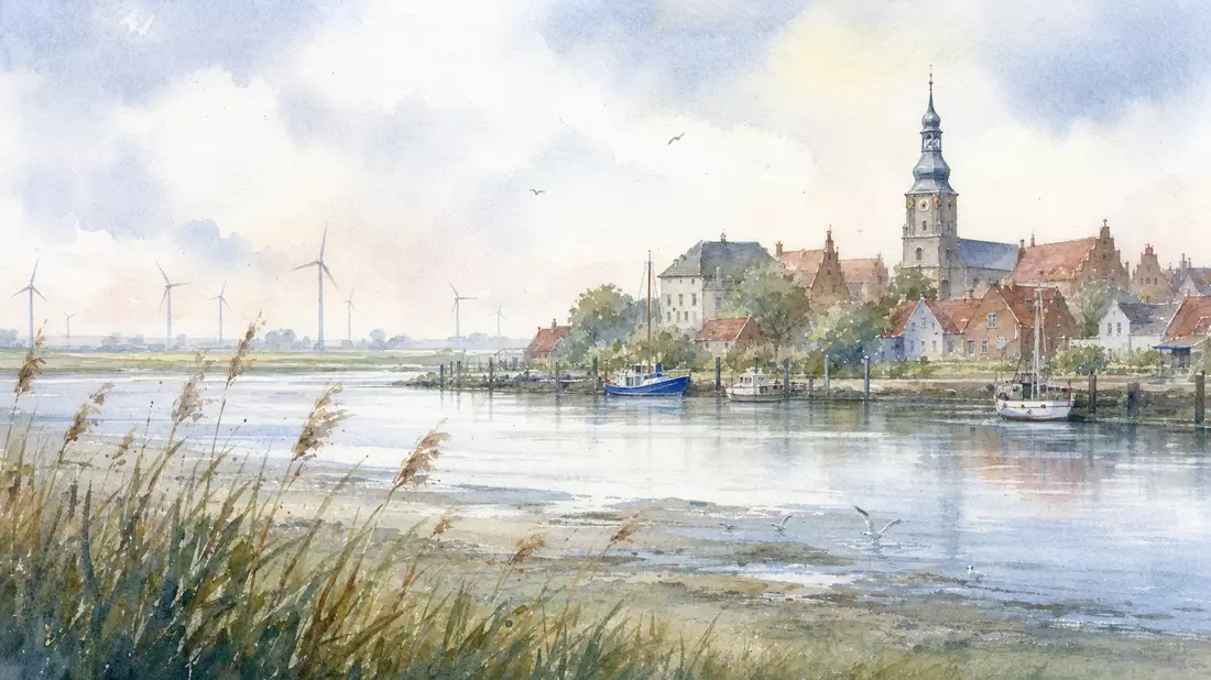 Aquarellbild norddeutscher Küstenort mit Windrädern, Energiekontor-Motiv