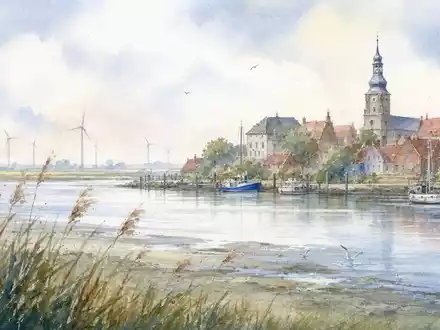 Energiekontor AG DE0005313506 norddeutsche Küstenstadt mit Windrädern in zarter Aquarellmalerei künstlerisch dargestellt - Foto: THN
