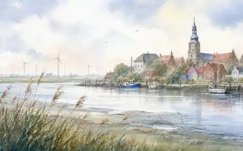 Energiekontor AG DE0005313506 norddeutsche Küstenstadt mit Windrädern in zarter Aquarellmalerei künstlerisch dargestellt - Foto: THN