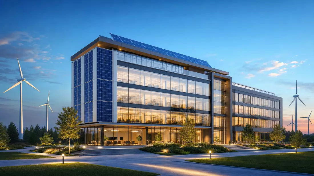 Architektur-Render nachhaltiges Bürogebäude mit Solar und Windturbinen