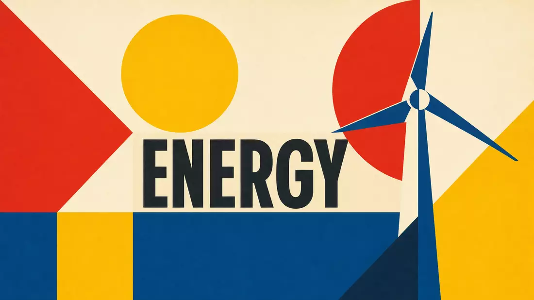 Bauhaus-Poster mit geometrischen Primärfarben und Windturbinen-Silhouette, ENERGY