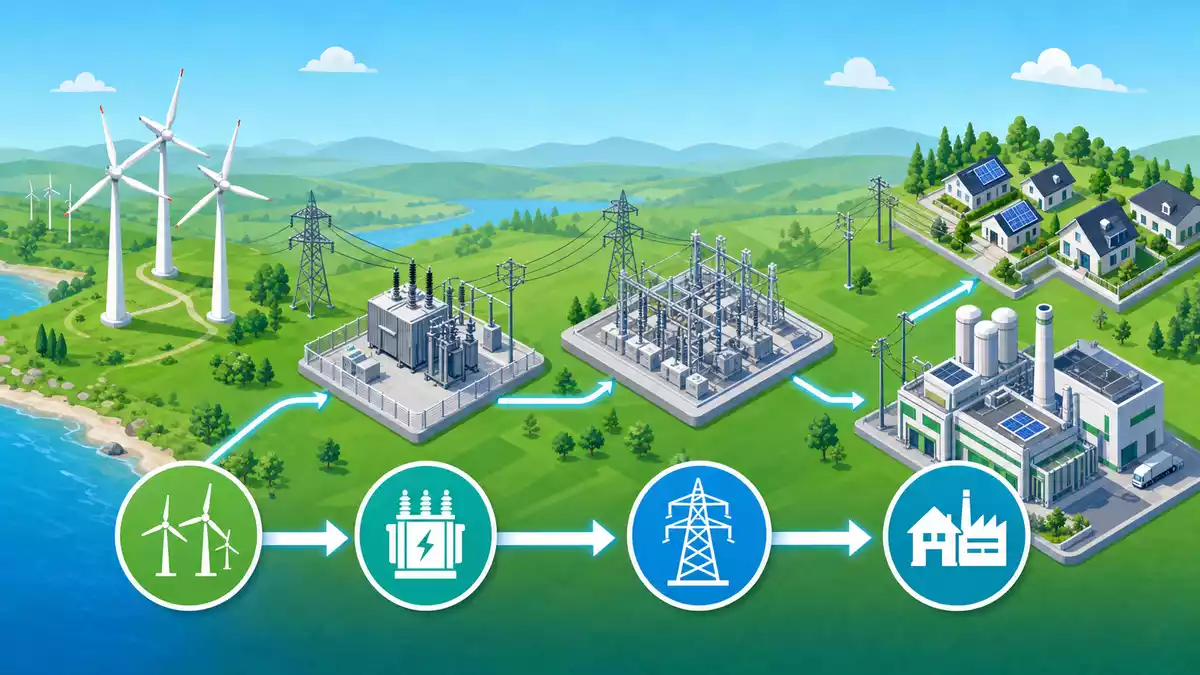 Isometrische 3D-Illustration: Windpark, Trafo, Netz, Verbraucher – Energiekette