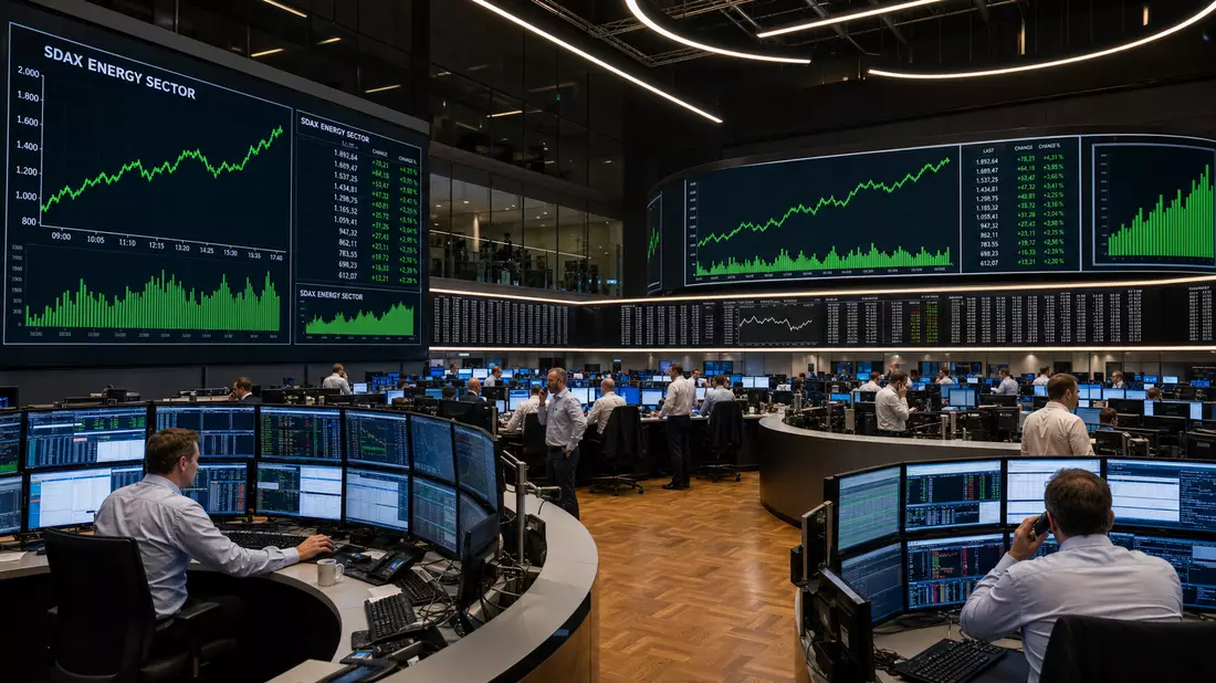 Handelsparkett Frankfurt, SDAX-Energiesektor-Charts auf Bildschirmen, Börsentrader