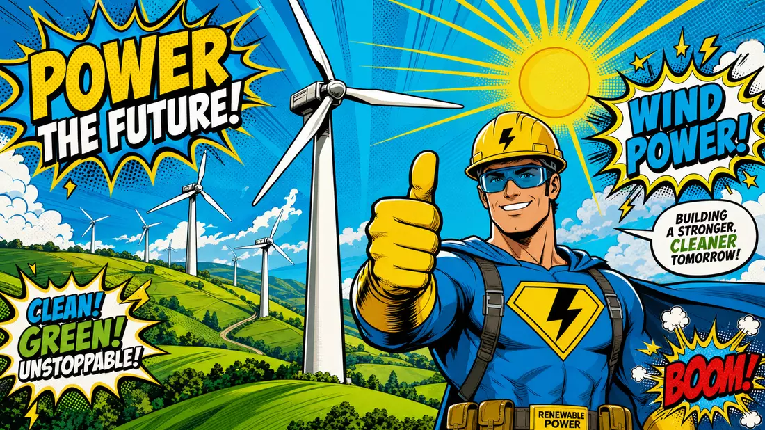 Pop-Art-Comic: Windturbinen, Superheld-Ingenieur, bunte Sprechblasen, Energiemotiv