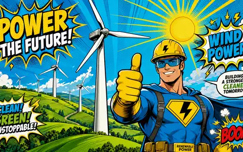 Energiekontor AG DE0005313506 Pop-Art-Comic mit bunten Windrädern und einem Superhelden-Ingenieur auf grünem Hügel - Foto: THN