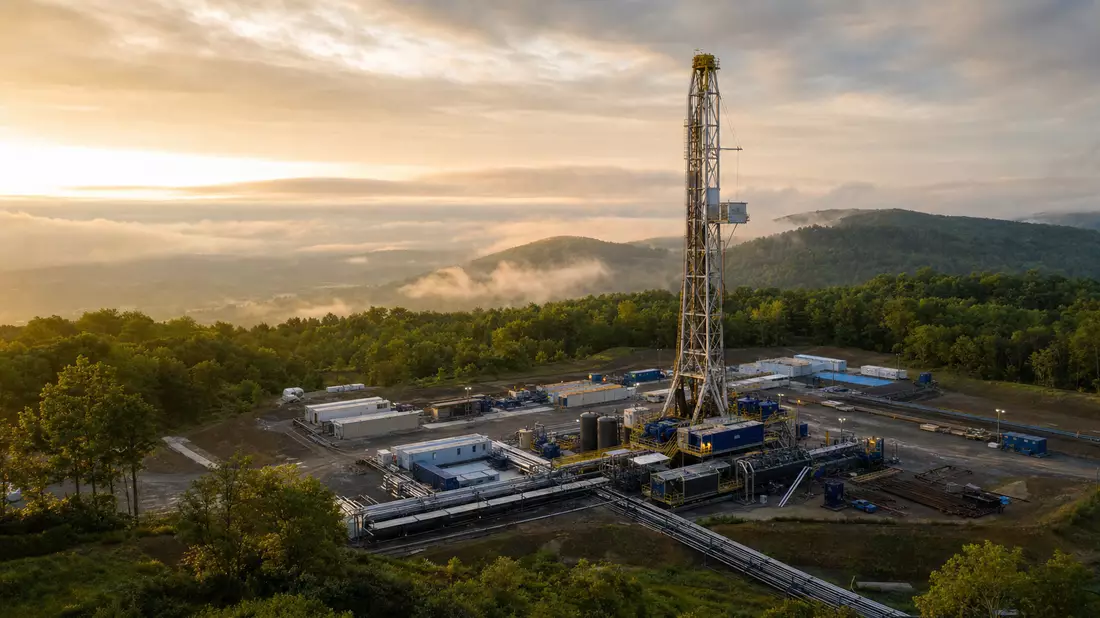 Luftaufnahme einer Erdgas-Bohranlage in den Appalachen bei goldenem Morgenlicht
