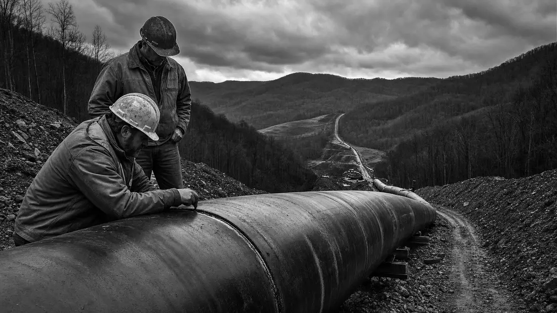 Schwarzweiß-Reportageaufnahme zweier Arbeiter bei Pipeline-Inspektion im Gebirge