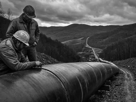 EQT Corp. Arbeiter inspizieren Erdgas-Pipeline im Appalachian Valley schwarzweisse Reportage US26884L1098 Dokumentarfoto - Foto: THN