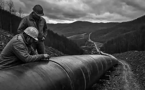 EQT Corp. Arbeiter inspizieren Erdgas-Pipeline im Appalachian Valley schwarzweisse Reportage US26884L1098 Dokumentarfoto - Foto: THN