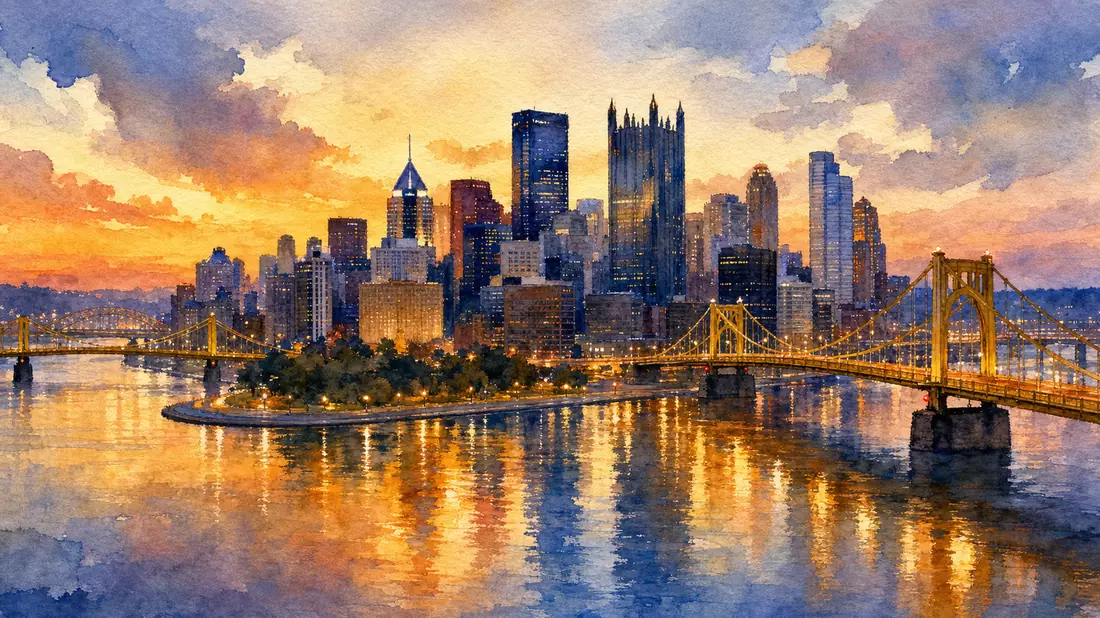 Aquarell der Pittsburgh-Skyline mit Flussspiegelung in warmen Abendfarben