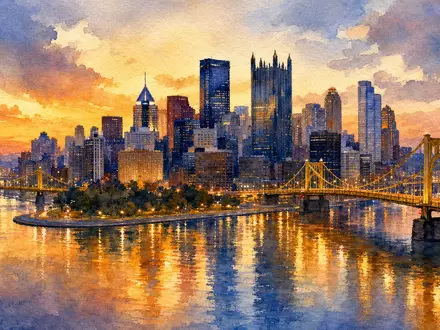 EQT Corp. Pittsburgh Skyline Aquarell Unternehmenssitz Ohio River Brücken Abenddämmerung Spiegelung US26884L1098 - Foto: THN