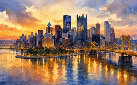 EQT Corp. Pittsburgh Skyline Aquarell Unternehmenssitz Ohio River Brücken Abenddämmerung Spiegelung US26884L1098 - Foto: THN