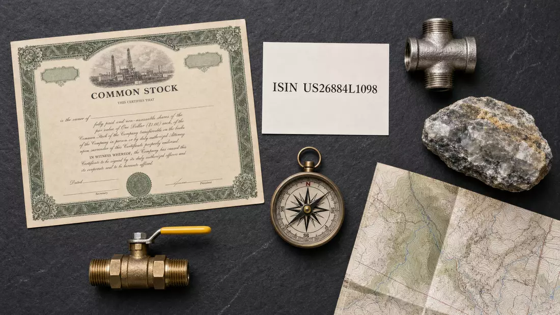 Flatlay mit Aktienzertifikat, ISIN-Karte US26884L1098, Rohrverschraubung und Gesteinsproben