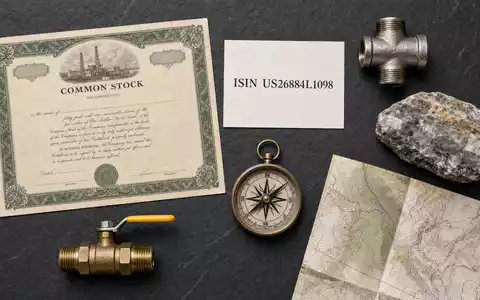 EQT Corp. Flatlay mit Aktienzertifikat ISIN-Karte US26884L1098 Erdgas-Rohrverschraubung Gesteinsproben Kompass Karte Schiefertisch - Foto: THN