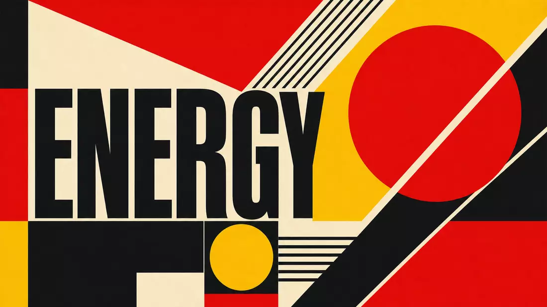 Bauhaus-Poster mit ENERGY-Schriftzug in Rot, Schwarz und Gelb, geometrische Konstruktion