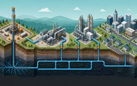 EQT Corp. isometrisches 3D Erdgas Wertschöpfungskette Förderung Verarbeitung Stadtverteilung Pipeline Schiefer US26884L1098 - Foto: THN