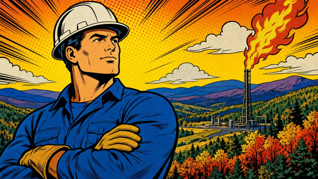 Pop-Art-Comic eines Erdgas-Arbeiters in den Appalachen mit Bohrinsel und Gasfackel