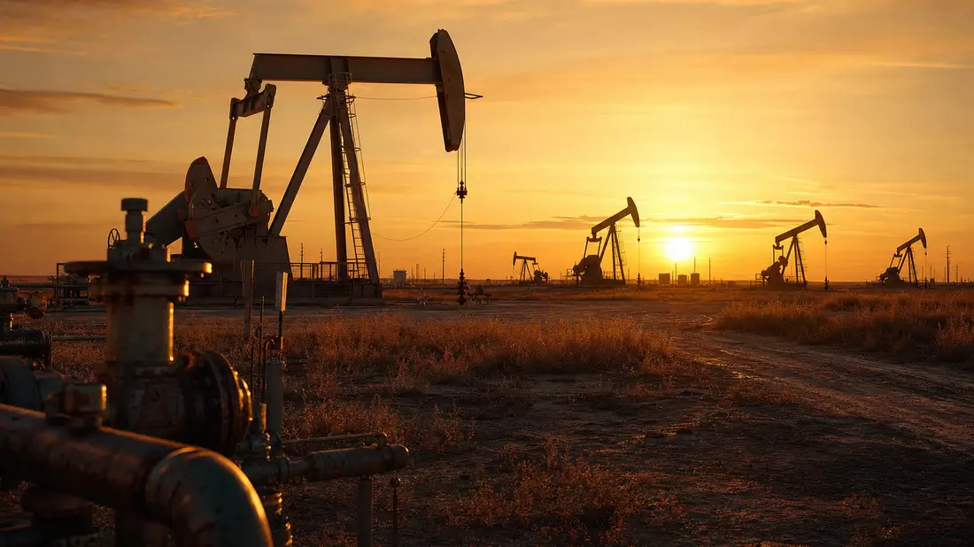 Fotorealistische Ölförderanlage mit mehreren Pumpjacks bei Sonnenaufgang in der texanischen Ebene