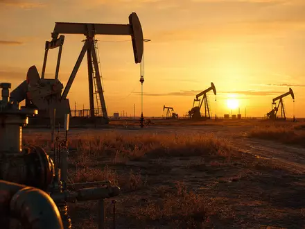 EOG Resources Ölfeld US26875P1012 mit mehreren Pumpjacks bei goldenem Sonnenaufgang über weiter texanischer Steppe - Foto: THN