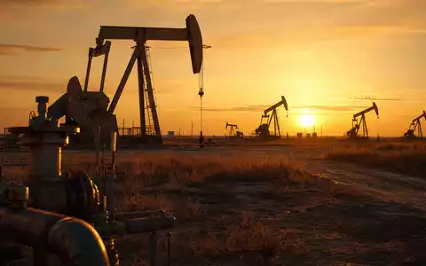 EOG Resources Ölfeld US26875P1012 mit mehreren Pumpjacks bei goldenem Sonnenaufgang über weiter texanischer Steppe - Foto: THN
