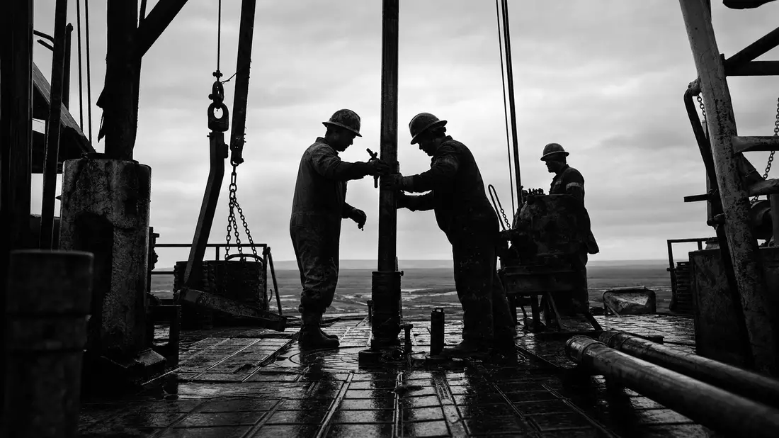 Schwarzweiß-Reportage von Bohrarbeitern auf einem Offshore-Bohrturm im Gegenlicht