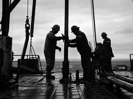EOG Resources US26875P1012 dokumentarische Schwarz-Weiß Aufnahme von Bohrarbeitern auf nasser industrieller Offshore-Plattform - Foto: THN
