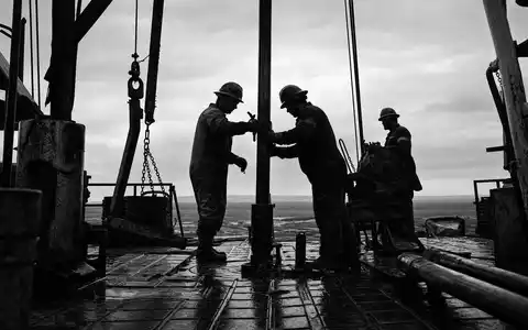 EOG Resources US26875P1012 dokumentarische Schwarz-Weiß Aufnahme von Bohrarbeitern auf nasser industrieller Offshore-Plattform - Foto: THN