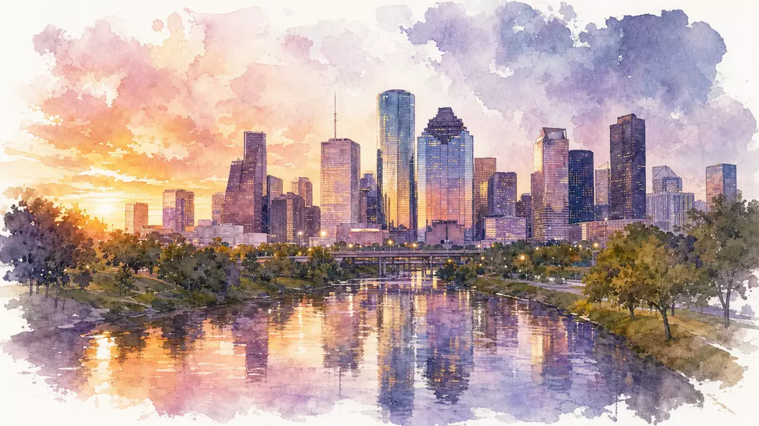 Aquarellmalerei der Houston-Skyline im Sonnenuntergang mit violettem Himmel und Wasserspiegelung
