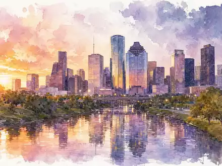 EOG Resources US26875P1012 Houston Skyline gemalt in warmem Aquarell mit violettem Abendhimmel und Spiegelung - Foto: THN