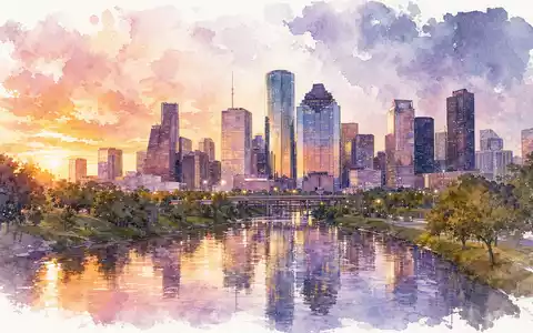 EOG Resources US26875P1012 Houston Skyline gemalt in warmem Aquarell mit violettem Abendhimmel und Spiegelung - Foto: THN