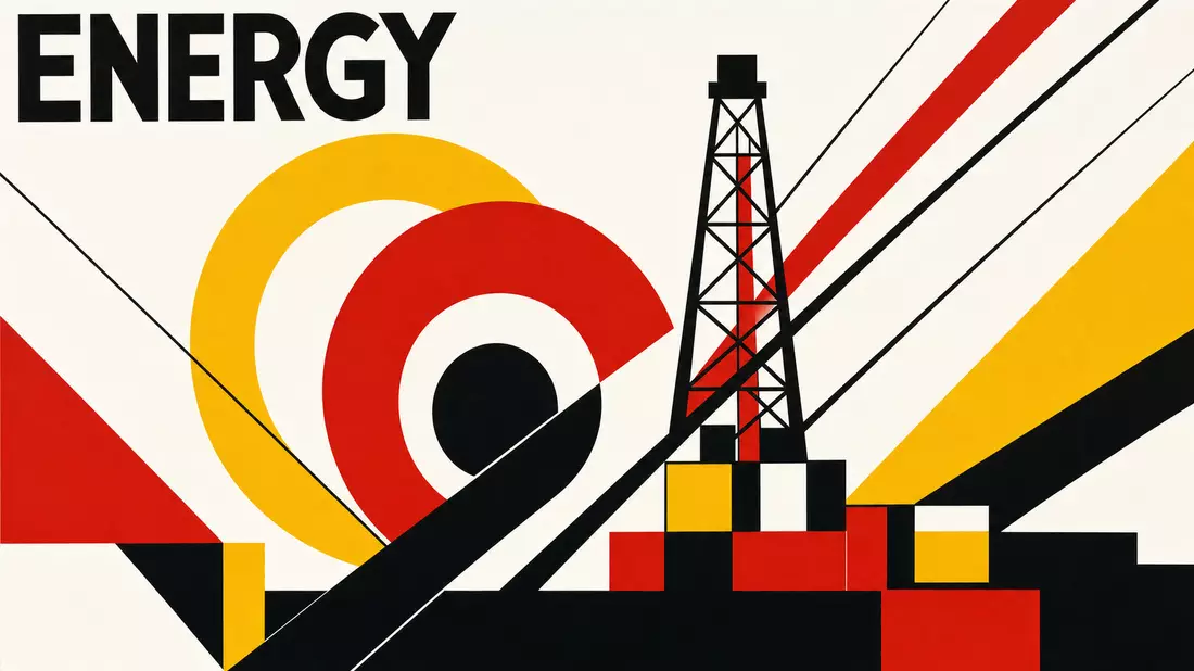 Bauhaus-Grafikposter mit geometrischen Formen, Derrick-Silhouette und ENERGY-Schriftzug in Primärfarben