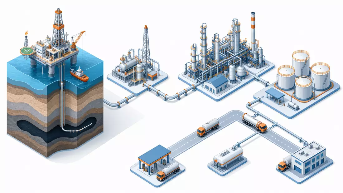 Isometrische 3D-Illustration der Öl-Gas-Wertschöpfungskette von Bohren bis zum Transport