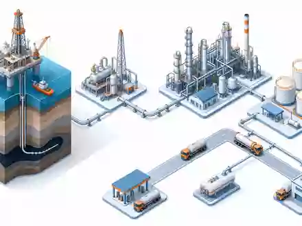 EOG Resources US26875P1012 isometrisches 3D-Diagramm der Öl-Gas Wertschöpfungskette von Förderung über Raffinerie bis Transport - Foto: THN