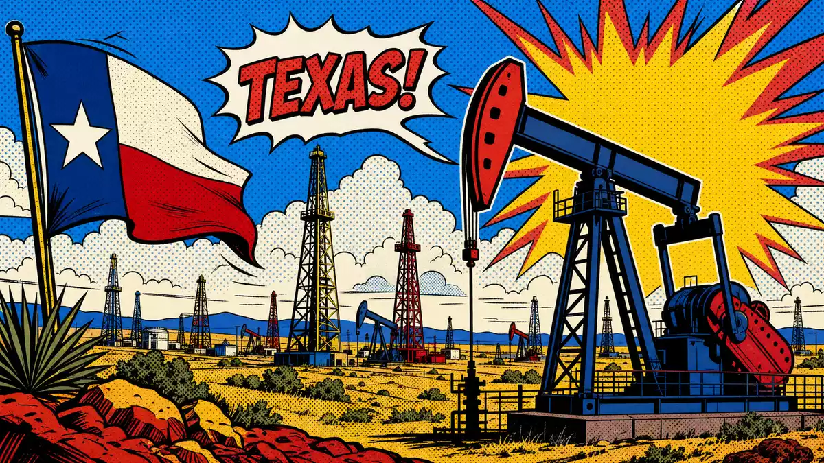 Pop-Art-Comic-Illustration eines texanischen Ölfelds mit Pumpjacks, Derricks und kräftigen Primärfarben