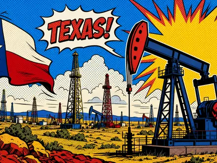 EOG Resources US26875P1012 Pop-Art-Comic texanisches Ölfeld mit Pumpjack Derrick und leuchtenden Primärfarben - Foto: THN