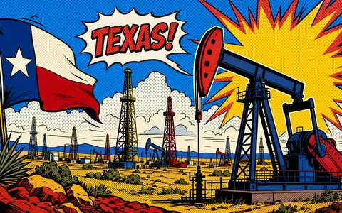 EOG Resources US26875P1012 Pop-Art-Comic texanisches Ölfeld mit Pumpjack Derrick und leuchtenden Primärfarben - Foto: THN