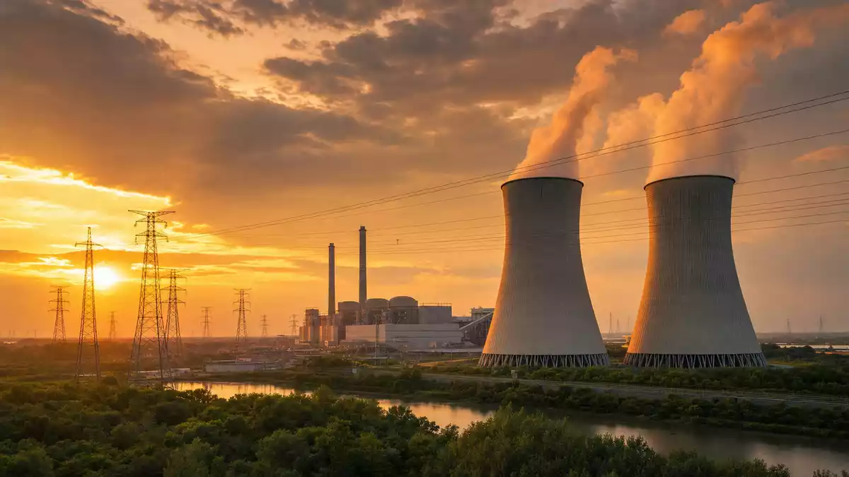Fotorealistisches Kraftwerk von Entergy Corp. bei Sonnenuntergang mit Übertragungsmasten
