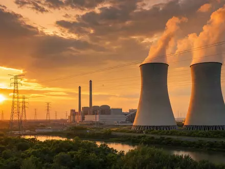 Entergy Corp. zeigt ein Kraftwerk bei goldenem Sonnenuntergang mit Kühltürmen und Hochspannungsmasten, ISIN US29364G1031 - Foto: THN