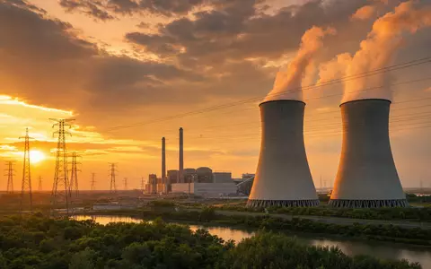 Entergy Corp. zeigt ein Kraftwerk bei goldenem Sonnenuntergang mit Kühltürmen und Hochspannungsmasten, ISIN US29364G1031 - Foto: THN