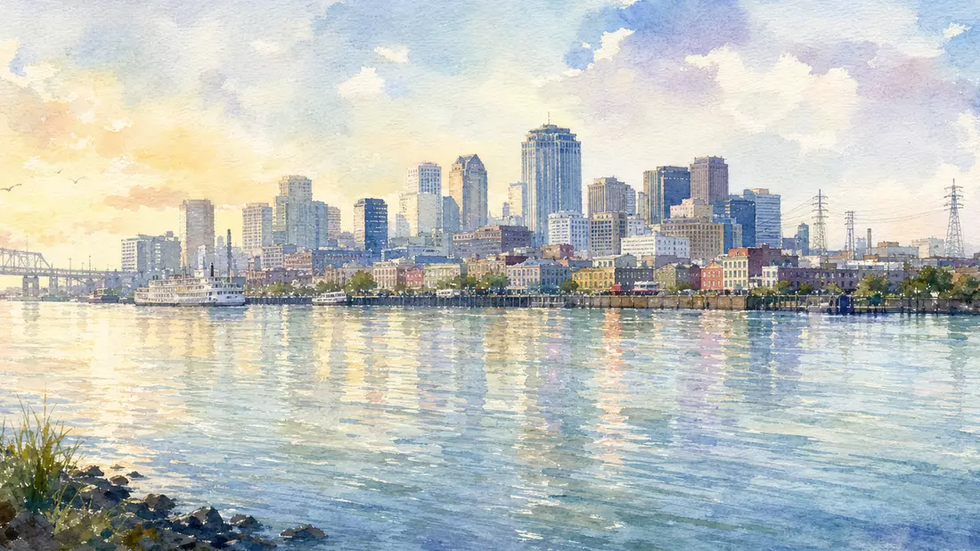 Aquarell der New-Orleans-Skyline mit Mississippi-Reflexionen für Entergy Corp