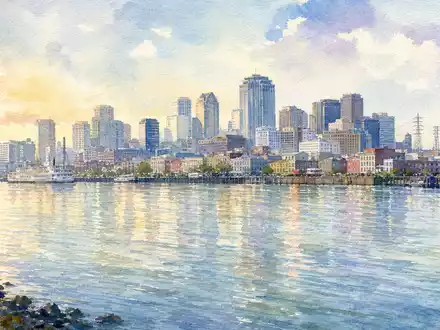 Entergy Corp. New Orleans Skyline am Mississippi in weicher Aquarell-Optik gemalt, ISIN US29364G1031 - Foto: THN