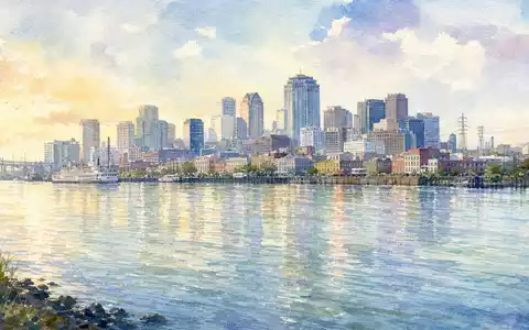 Entergy Corp. New Orleans Skyline am Mississippi in weicher Aquarell-Optik gemalt, ISIN US29364G1031 - Foto: THN