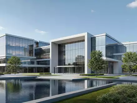 Entergy Corp. modernes GlasgebÀude als Firmenzentrale im fotorealistischen Architektur-Render dargestellt, ISIN US29364G1031 - Foto: THN