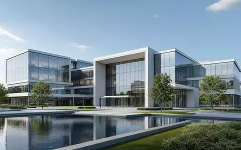 Entergy Corp. modernes GlasgebÀude als Firmenzentrale im fotorealistischen Architektur-Render dargestellt, ISIN US29364G1031 - Foto: THN