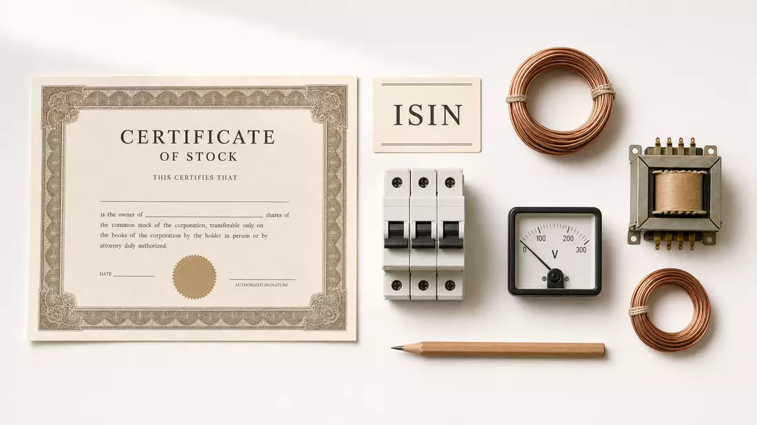 Flatlay-Arrangement mit Aktienzertifikat, ISIN-Karte und Elektrobauteilen für Entergy Corp